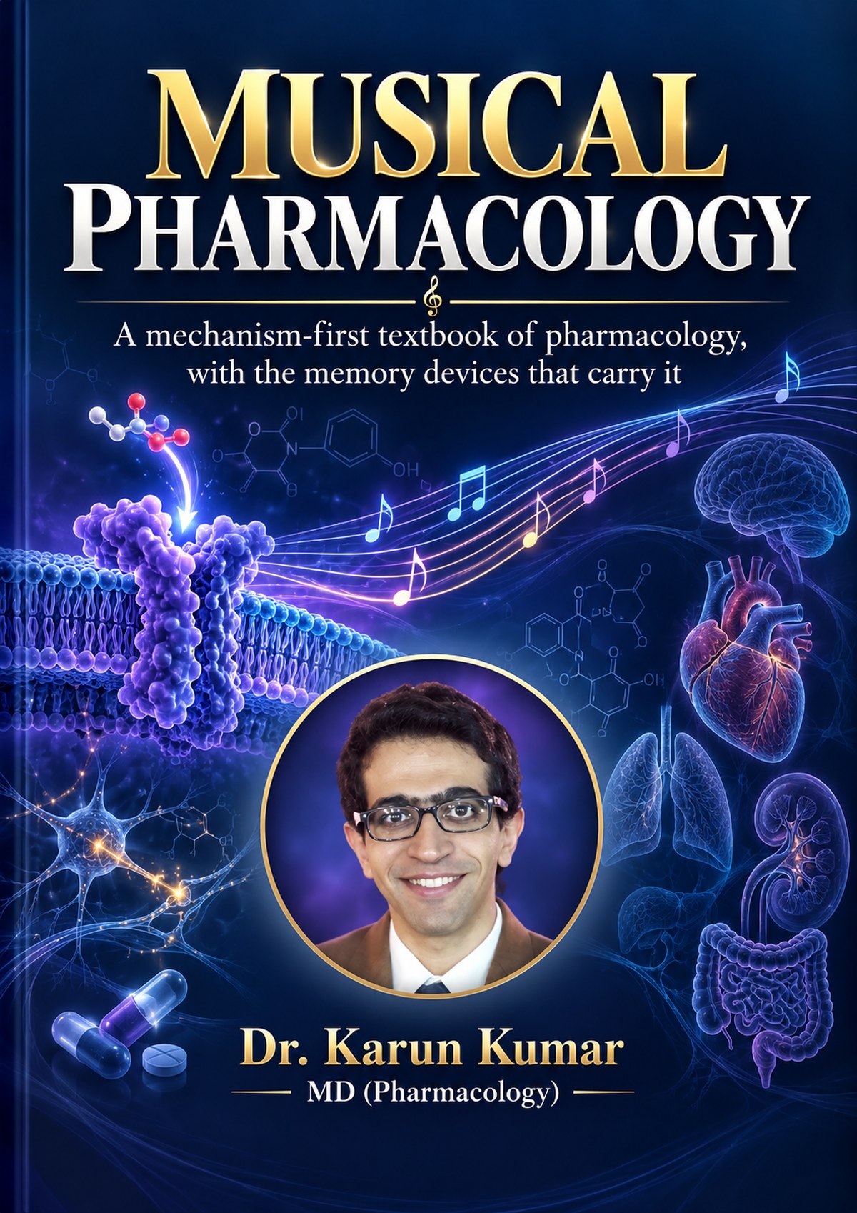 Cover of Musical Pharmacology: A mechanism-first textbook of pharmacology, with the memory devices that carry it, by Dr. Karun Kumar, MD (Pharmacology)